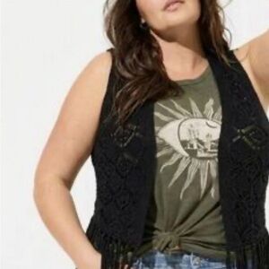 Torrid Pointelle Fringe Sweater Vest Black
Crochet Vest with Fringe 5 NWT